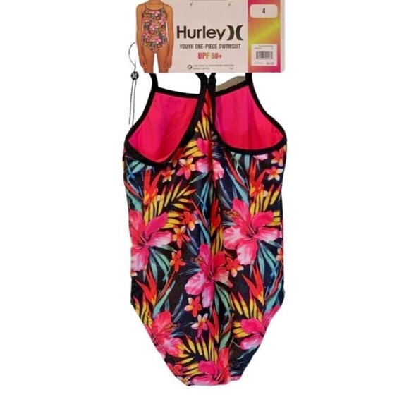Hurley Girls UPF 50+ One Piece Quick Dry Swimsuit Youth Size 4 Pink Floral - Picture 2 of 11